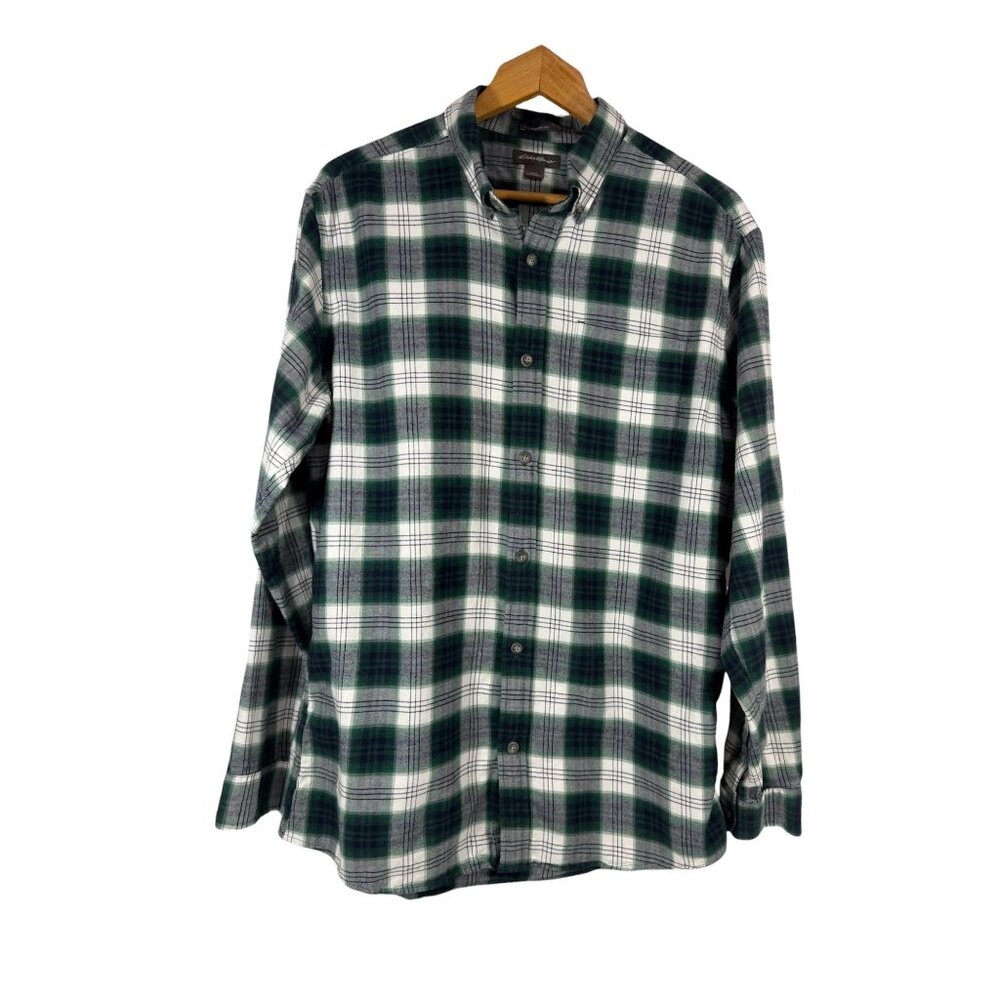 Eddie Bauer Flannel Shirt Mens Large Classic Fit Green & White Plaid Long Sleeve